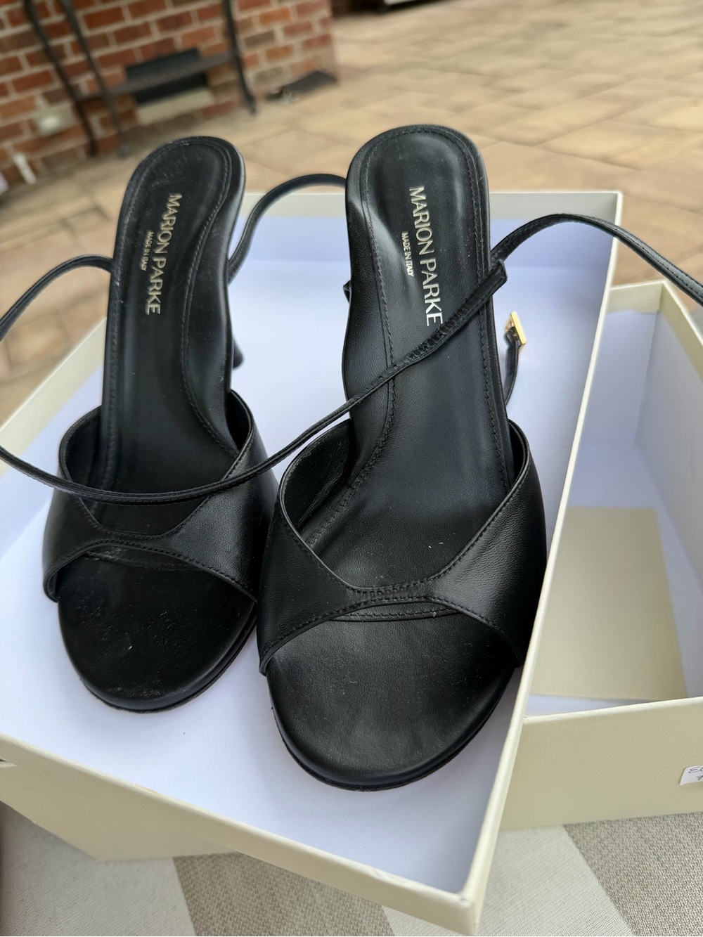 Marion Parke Black Leather Wrap-Strap Heels